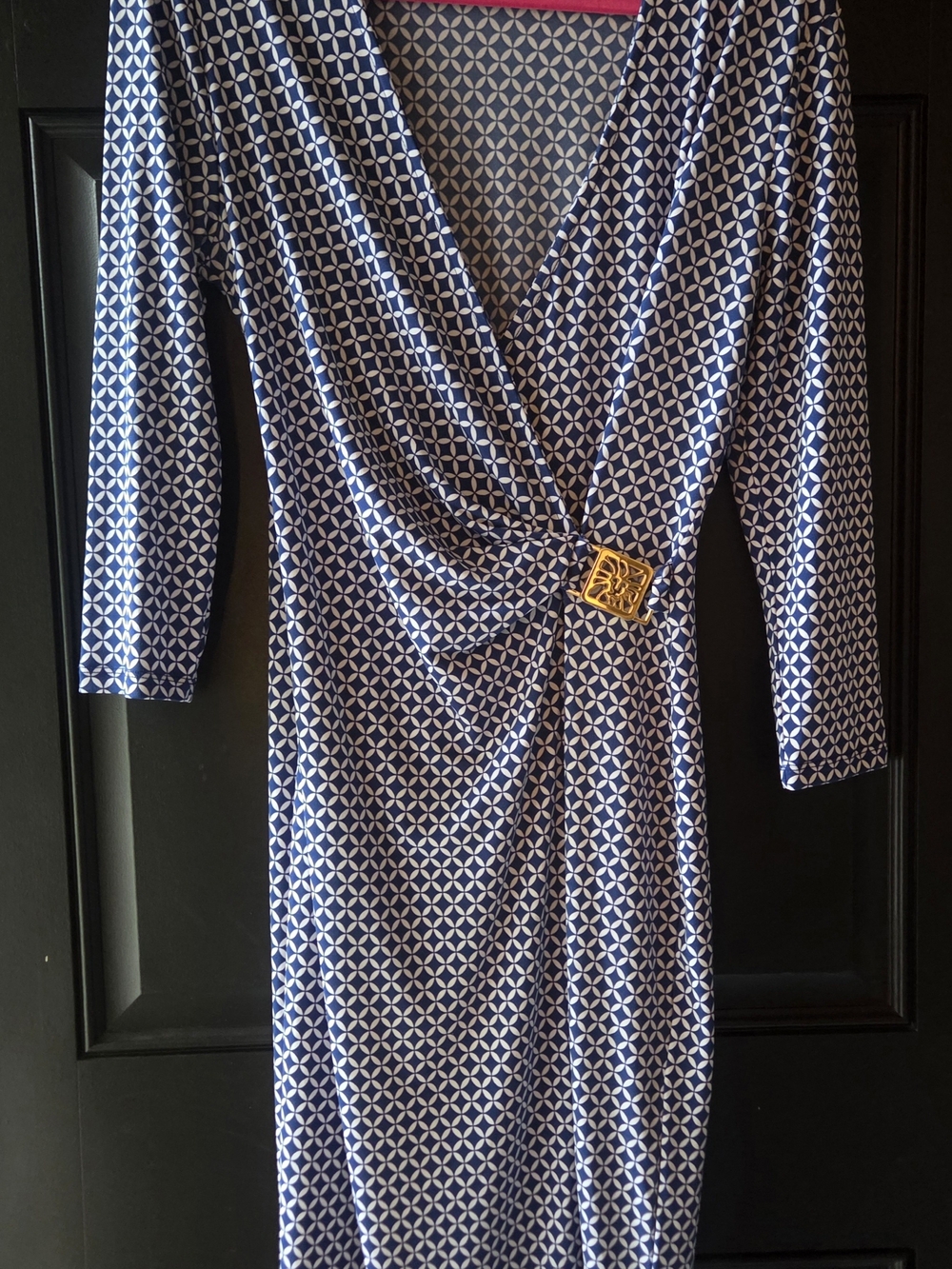 Anne Klein Navy and White Geometric Wrap Dress with Gold Buckle